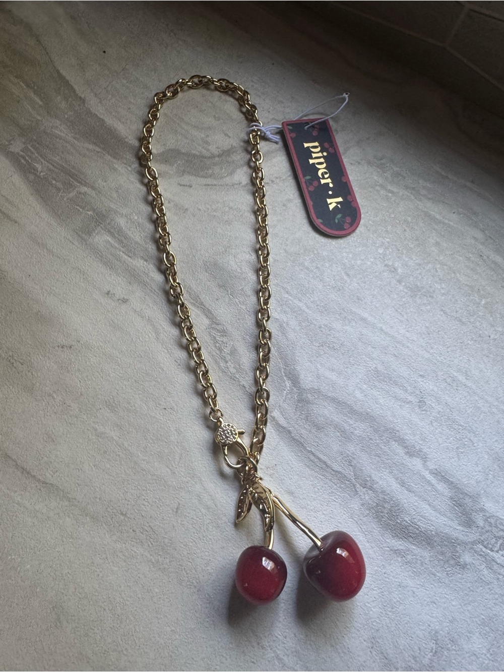 NWT Piper Gold 18” Necklace with Red Cherry Pendants & Rhinestone Clasp -🍒